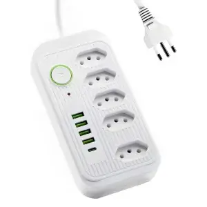Filtro de Linha com 5 Tomadas, 4 USB e 1 USB Tipo-C, Extensão de 2 Metros Bivolt Régua de Tomada