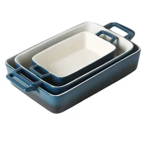Conjunto Assadeira de Cerâmica Retangular KooV para cozinhar no forno, 3 peças, 3 cores - Azul