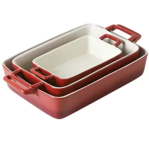 Conjunto Assadeira de Cerâmica Retangular KooV para cozinhar no forno, 3 peças, 3 cores - Vermelho